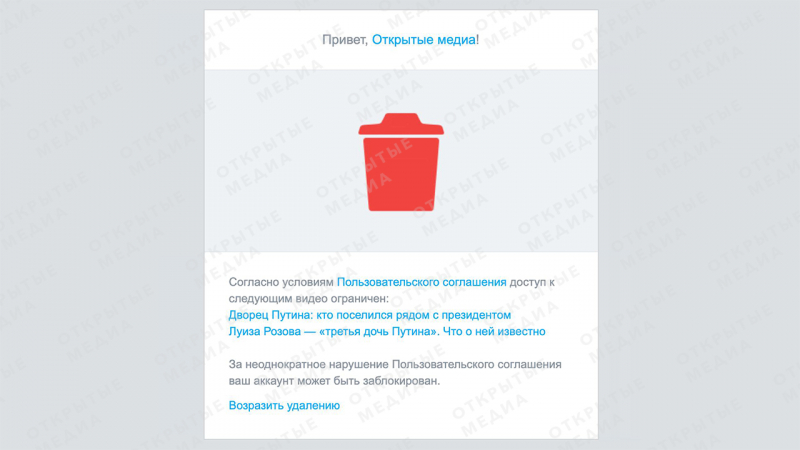 Rutube заблокировал два ролика «Открытых медиа» — о Луизе Розовой и об окрестностях «дворца Путина»